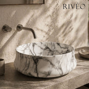 RIVÉO Round Countertop Basin with White Marble Effect – 455 × 455 mm – With Drain