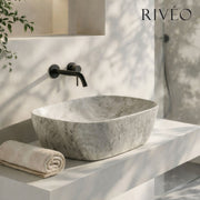 RIVÉO Grey Stone Effect Round Edged Square Countertop Basin – 410 × 410 mm – With Drain