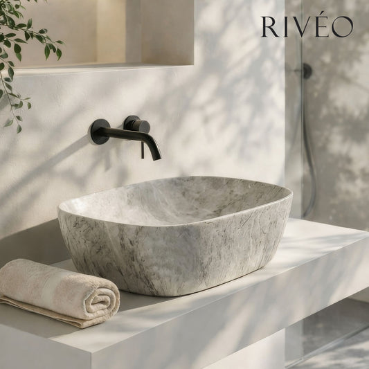 Vasque à Poser Carrée Arrondie Effet Pierre Grise RIVÉO – 410 × 410 mm – Avec Bonde