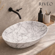 RIVÉO Grey Veined White Marble Oval Countertop Basin – 590 × 425 mm – With Pop-Up Waste