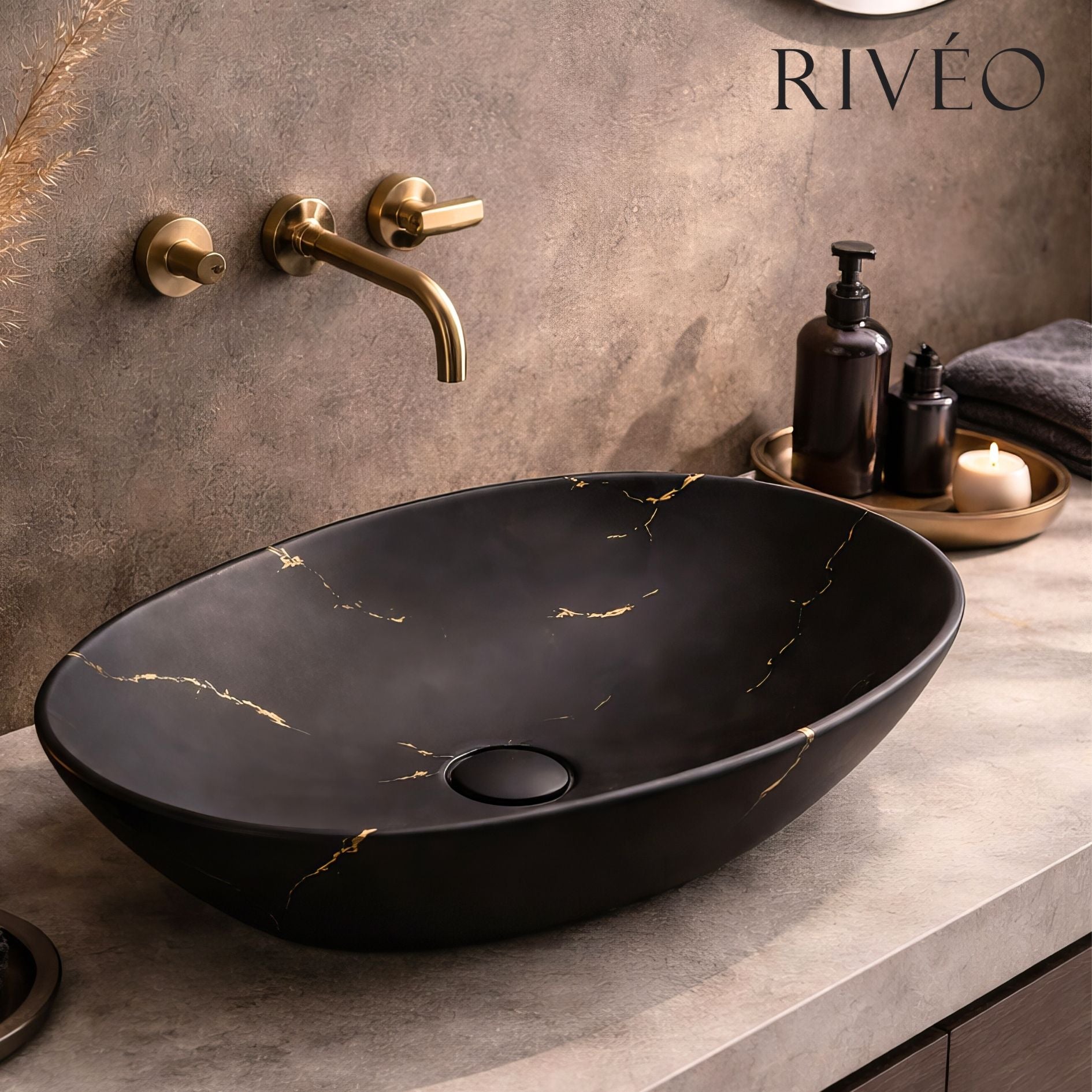 RIVÉO Oval Black Veined Gold Marble Countertop Basin – 590 × 425 mm – With Waste