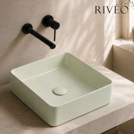 Vasque à Poser Carrée Arrondie Vert Sauge RIVÉO – 365 × 365 mm – Avec Bonde