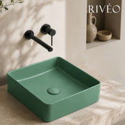 RIVÉO Olive Green Rounded Square Countertop Basin – 365 × 365 mm – With Waste