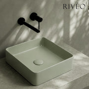 RIVÉO Light Sage Green Rounded Square Countertop Basin – 365 × 365 mm – With Drain