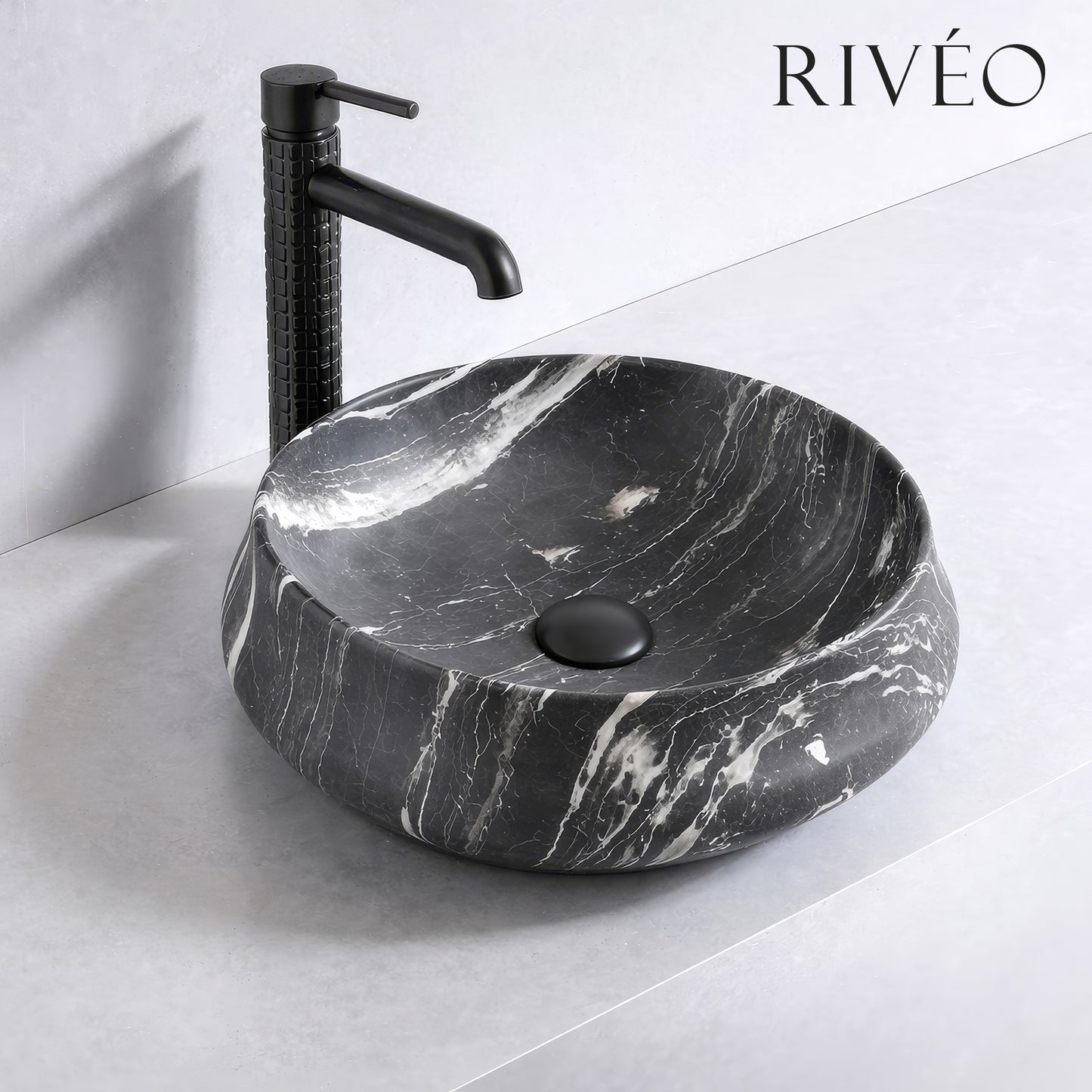 Vasque à Poser Ronde Noir Veiné Blanc RIVÉO – Ø455 mm – Avec Bonde