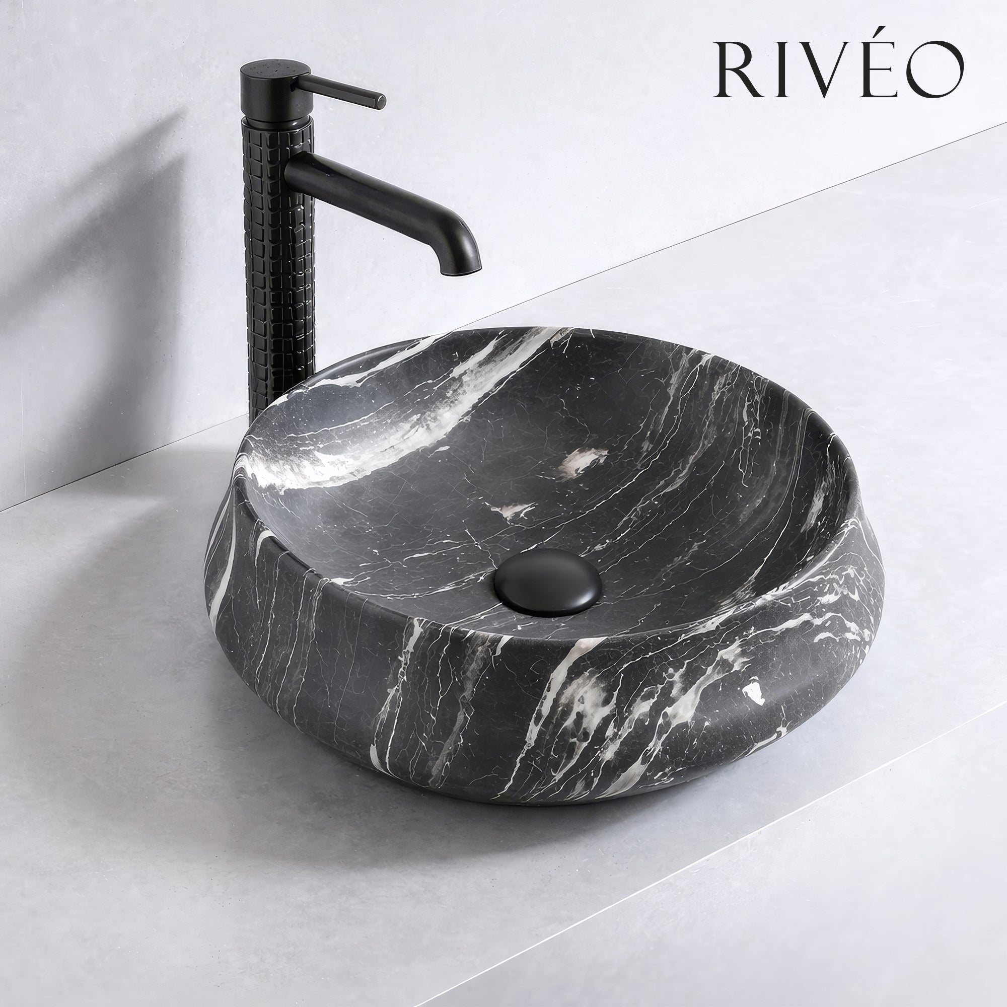 Round Countertop Basin Black Veined White RIVÉO – Ø455 mm – With Drain