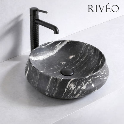 Vasque à Poser Ronde Noir Veiné Blanc RIVÉO – Ø455 mm – Avec Bonde
