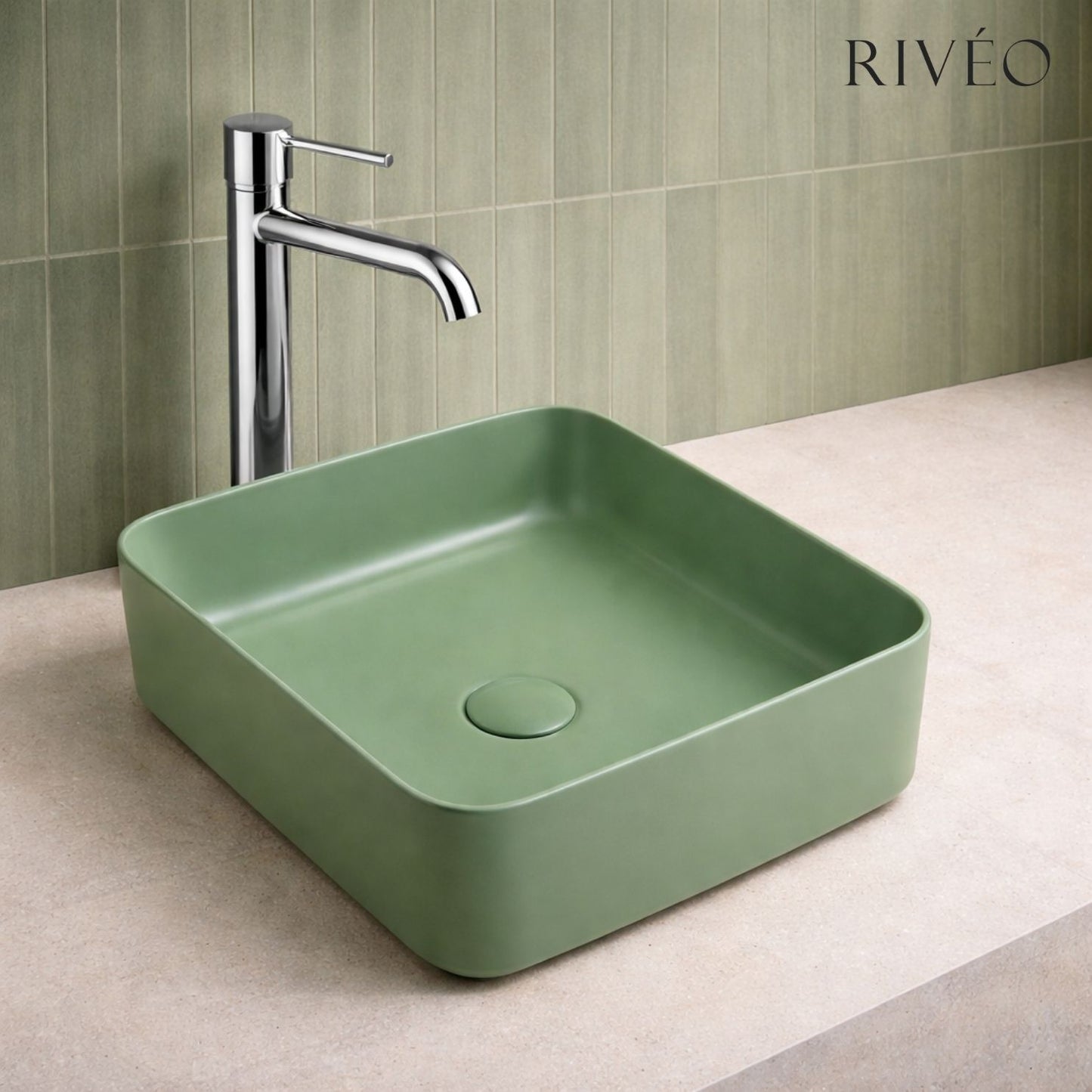 Vasque à Poser Carrée Arrondie Vert Olive RIVÉO – 365 × 365 mm – Avec Bonde