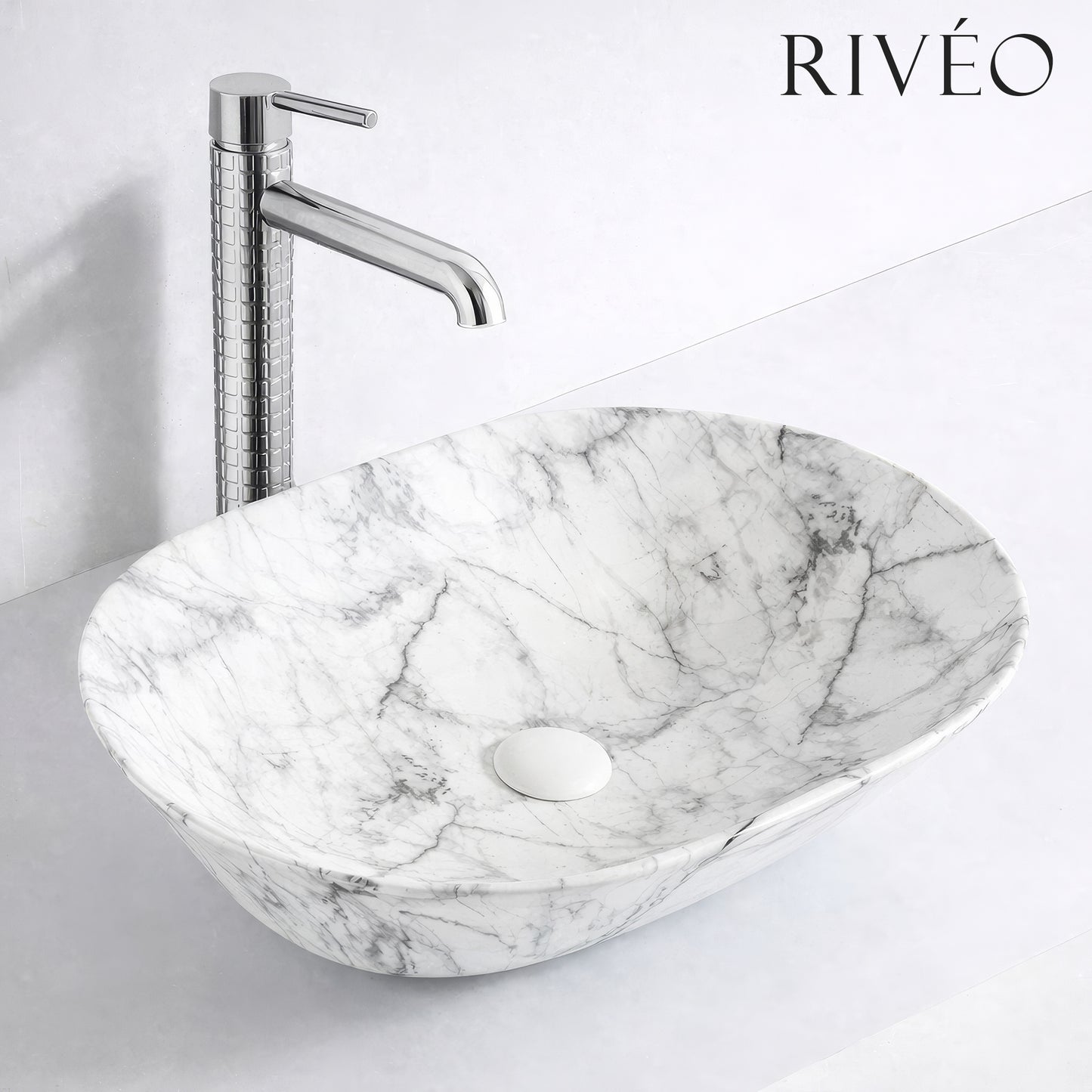 Vasque à Poser Ovale Marbre Blanc Veiné Gris RIVÉO – 590 × 425 mm – Avec Bonde