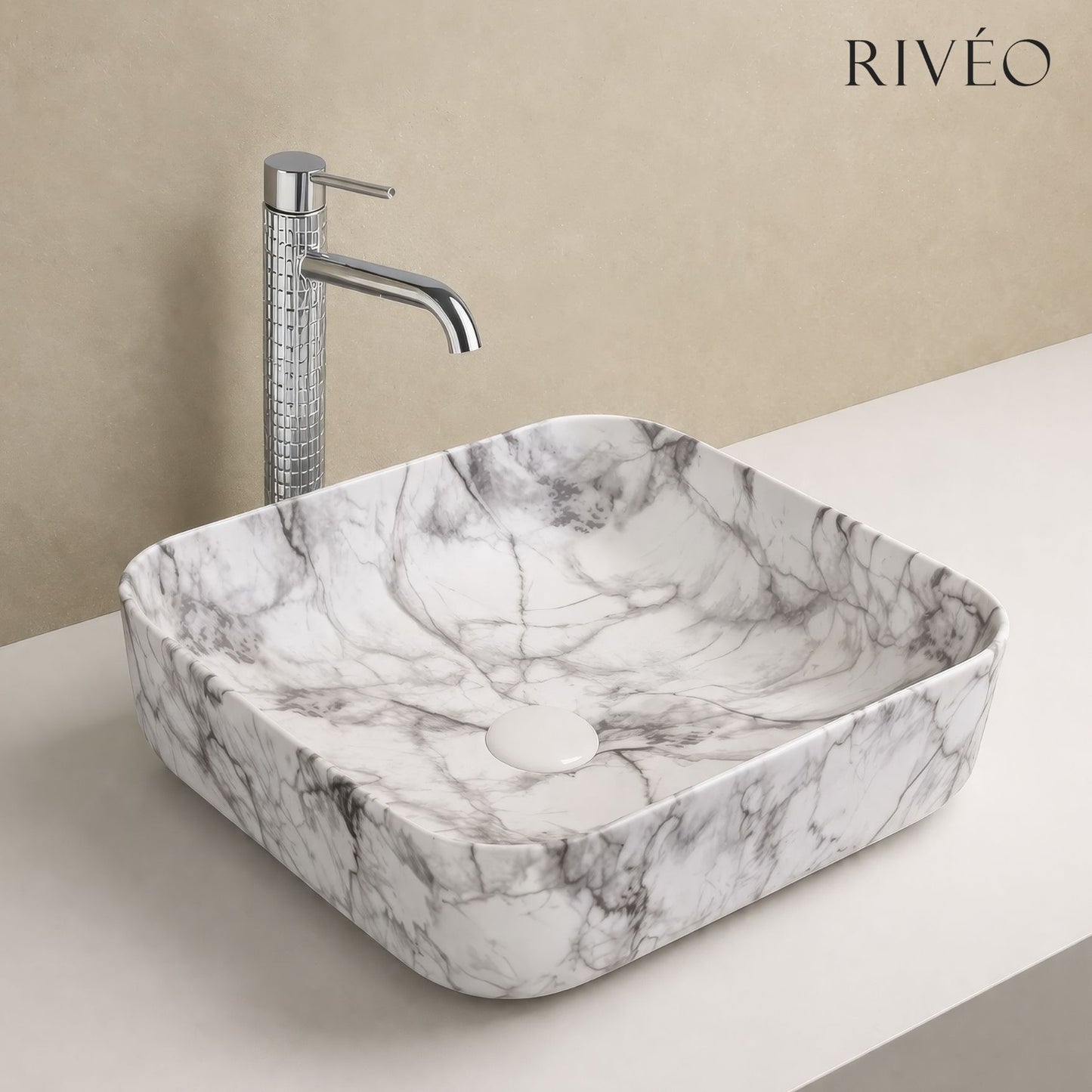 Vasque à Poser Carrée Arrondie Marbre Blanc Veiné Gris RIVÉO – 395 × 395 mm – Avec Bonde
