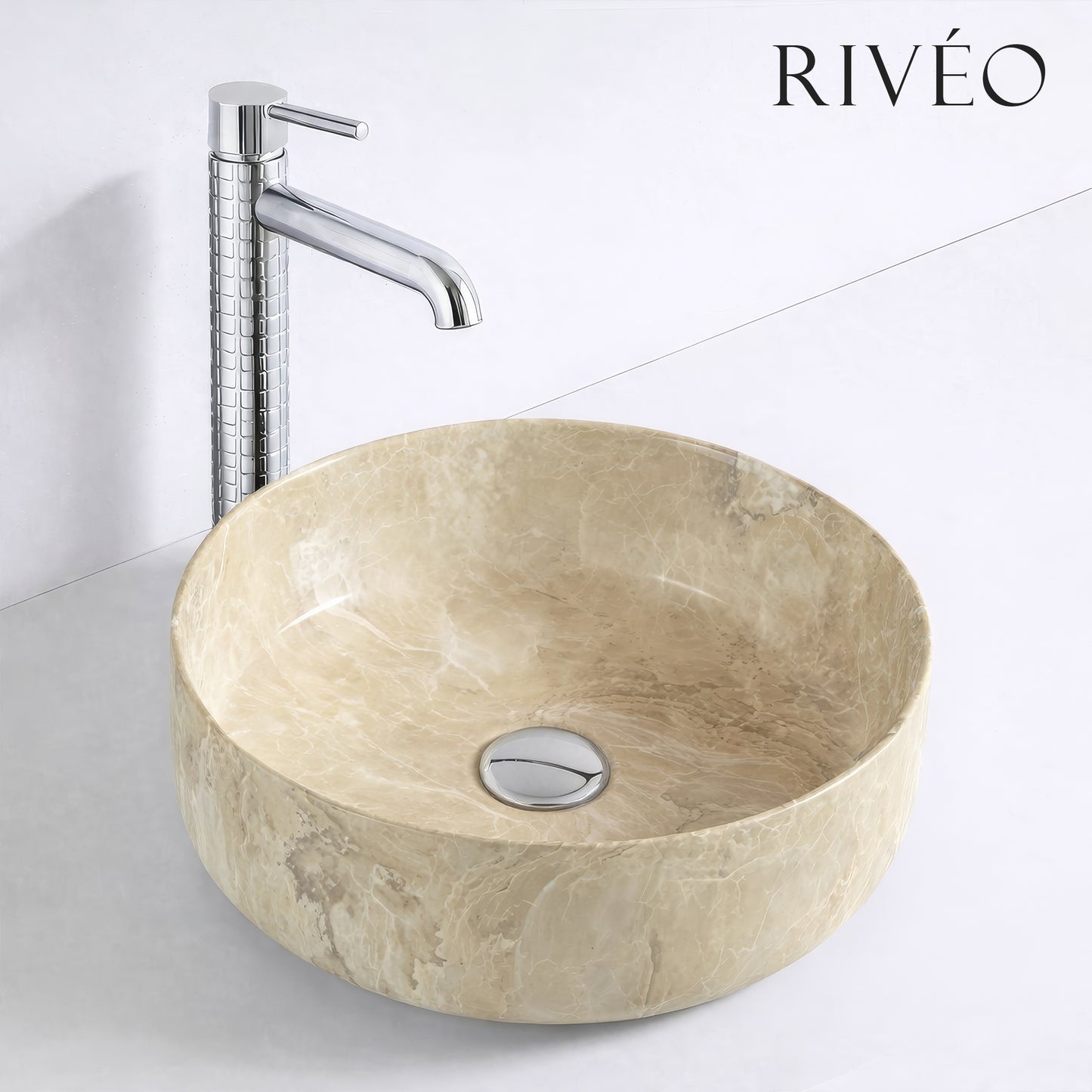 Vasque à Poser Ronde Effet Marbre Beige RIVÉO – 360 × 360 mm – Avec Bonde