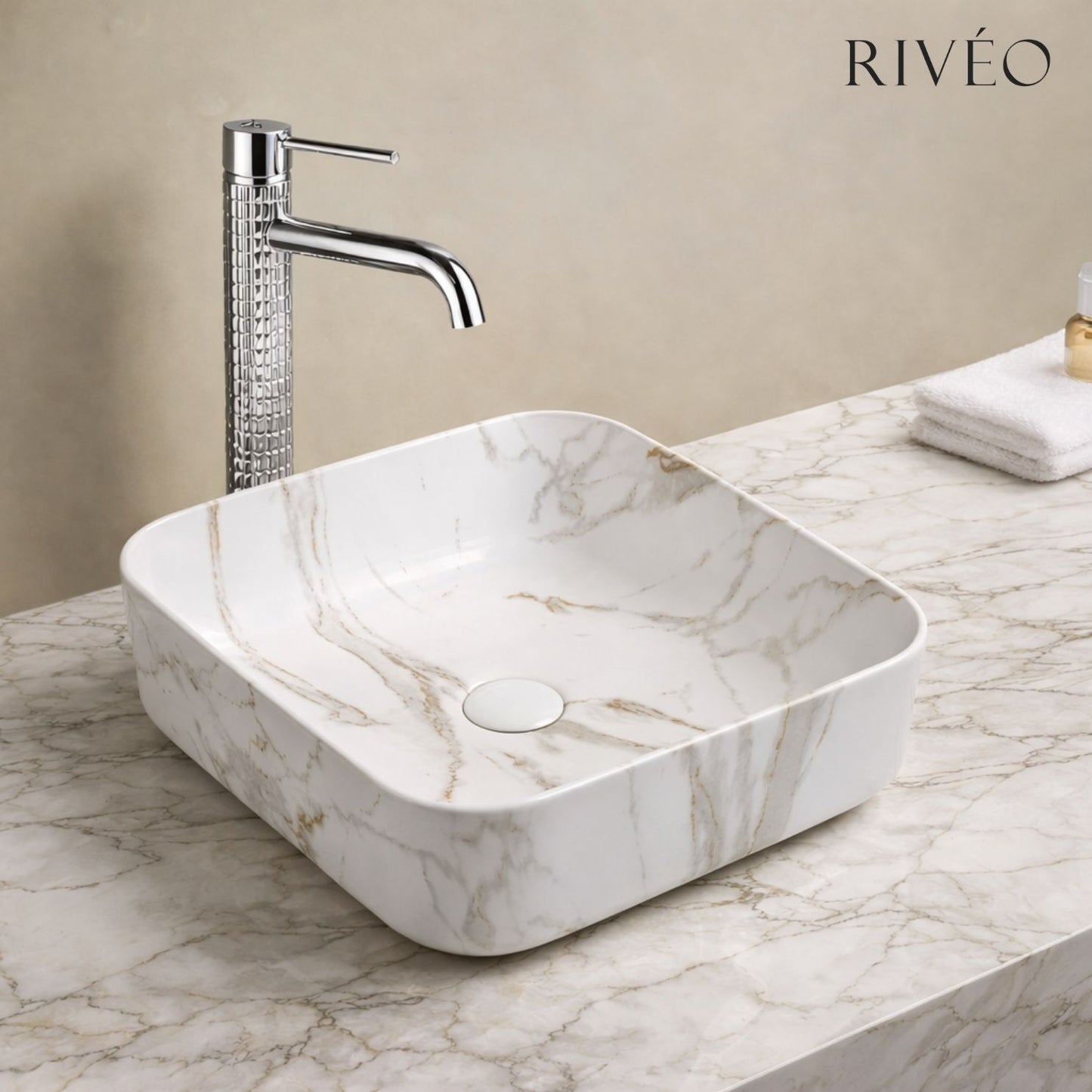 Vasque à Poser Carrée Arrondie Effet Marbre Blanc RIVÉO – 395 × 395 mm – Avec Bonde