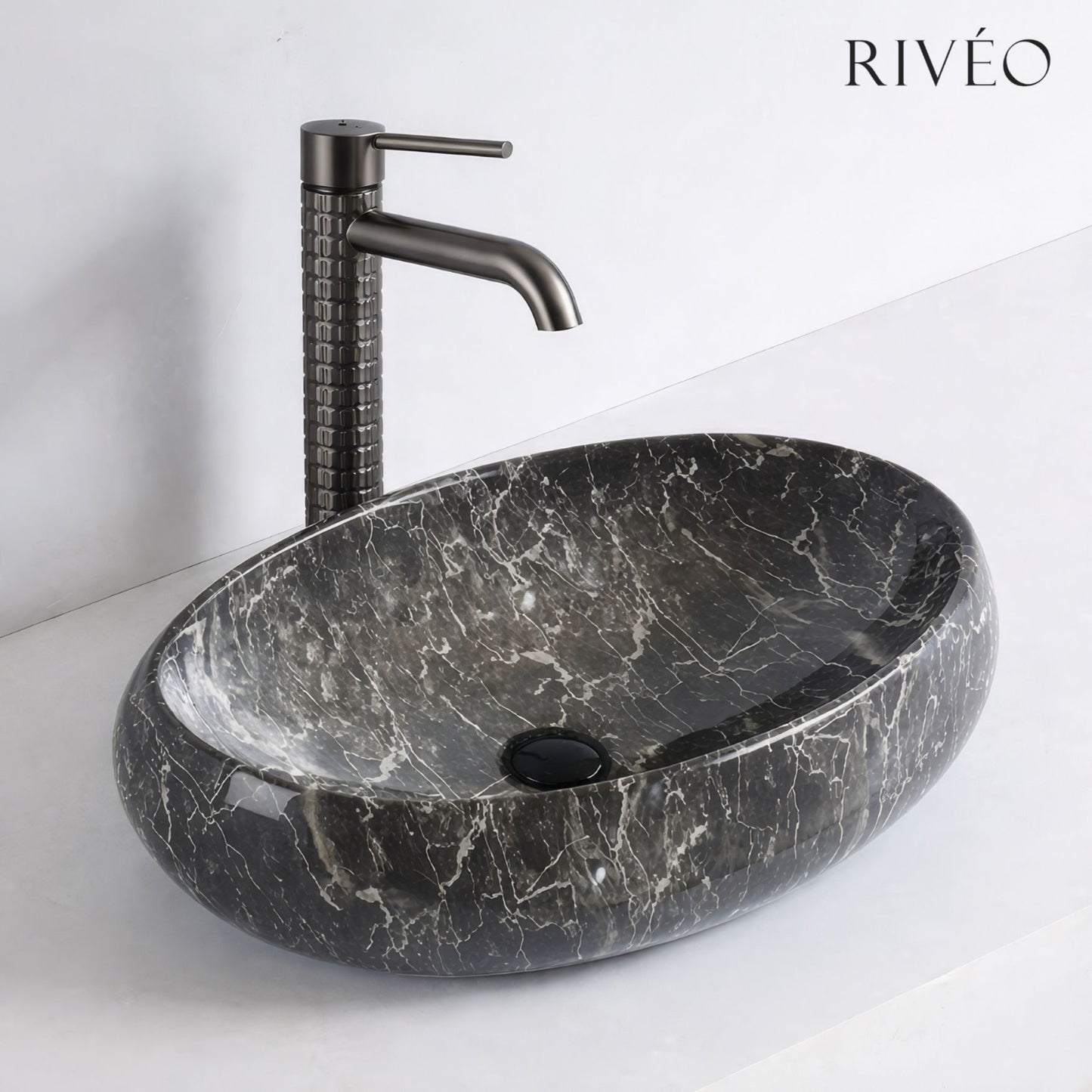 Vasque à Poser Ovale Effet Marbre Noir RIVÉO – 600 × 400 mm – Avec Bonde
