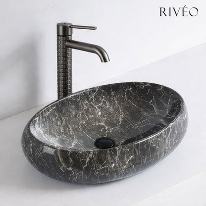 Vasque à Poser Ovale Effet Marbre Noir RIVÉO – 600 × 400 mm – Avec Bonde