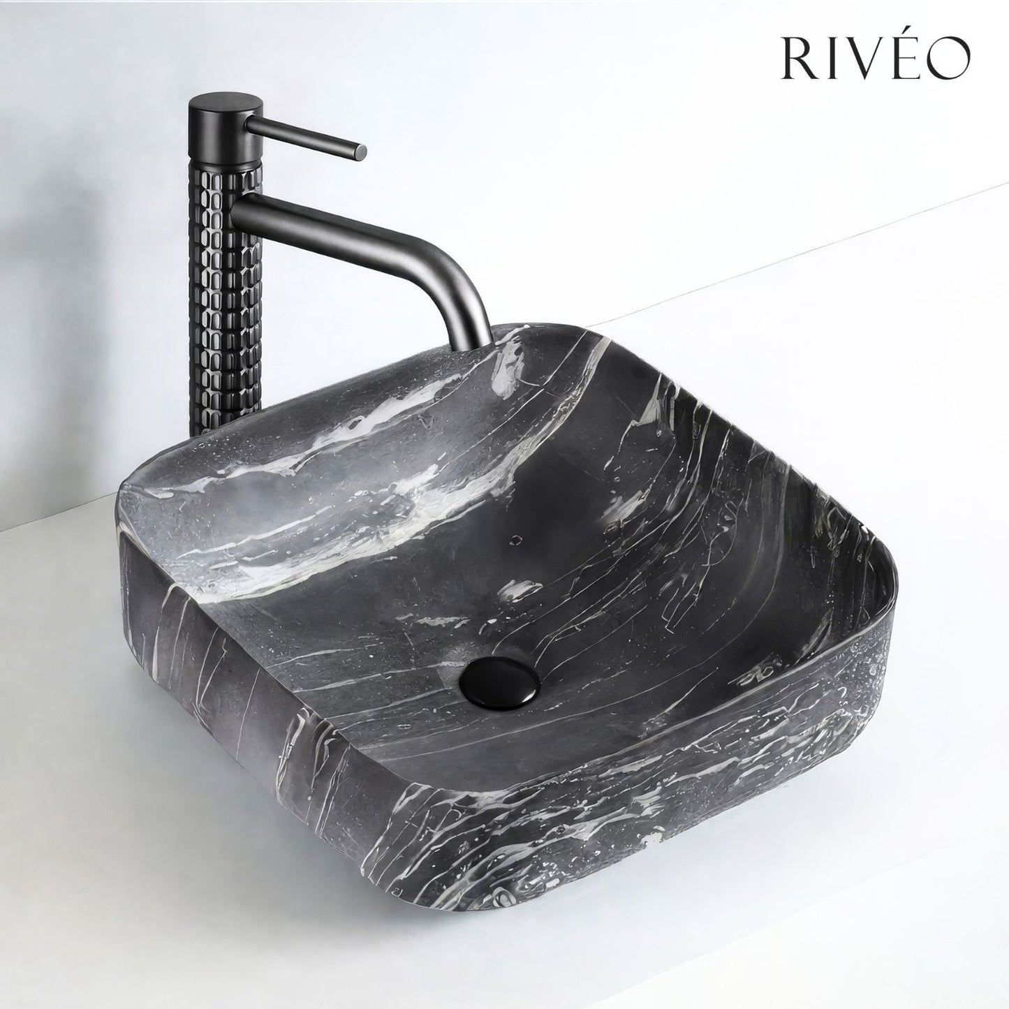 Vasque à Poser Carrée Arrondie Effet Marbre Noir RIVÉO – 395 × 395 mm – Avec Bonde