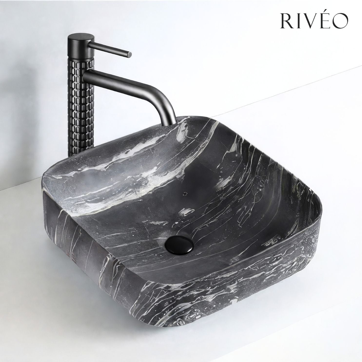 RIVÉO Black Marble-Effect Rounded Square Countertop Basin – 395 × 395 mm – With Waste