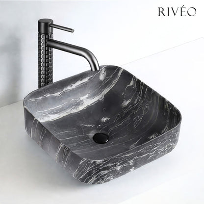Vasque à Poser Carrée Arrondie Effet Marbre Noir RIVÉO – 395 × 395 mm – Avec Bonde