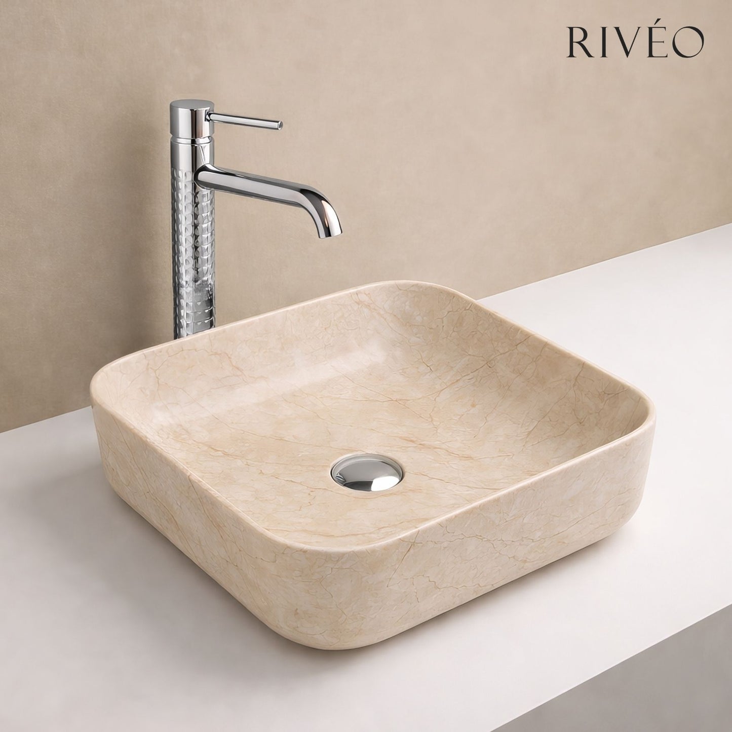 Vasque à Poser Carrée Arrondie Beige Marbre Nuancé RIVÉO – 395 × 395 mm – Avec Bonde