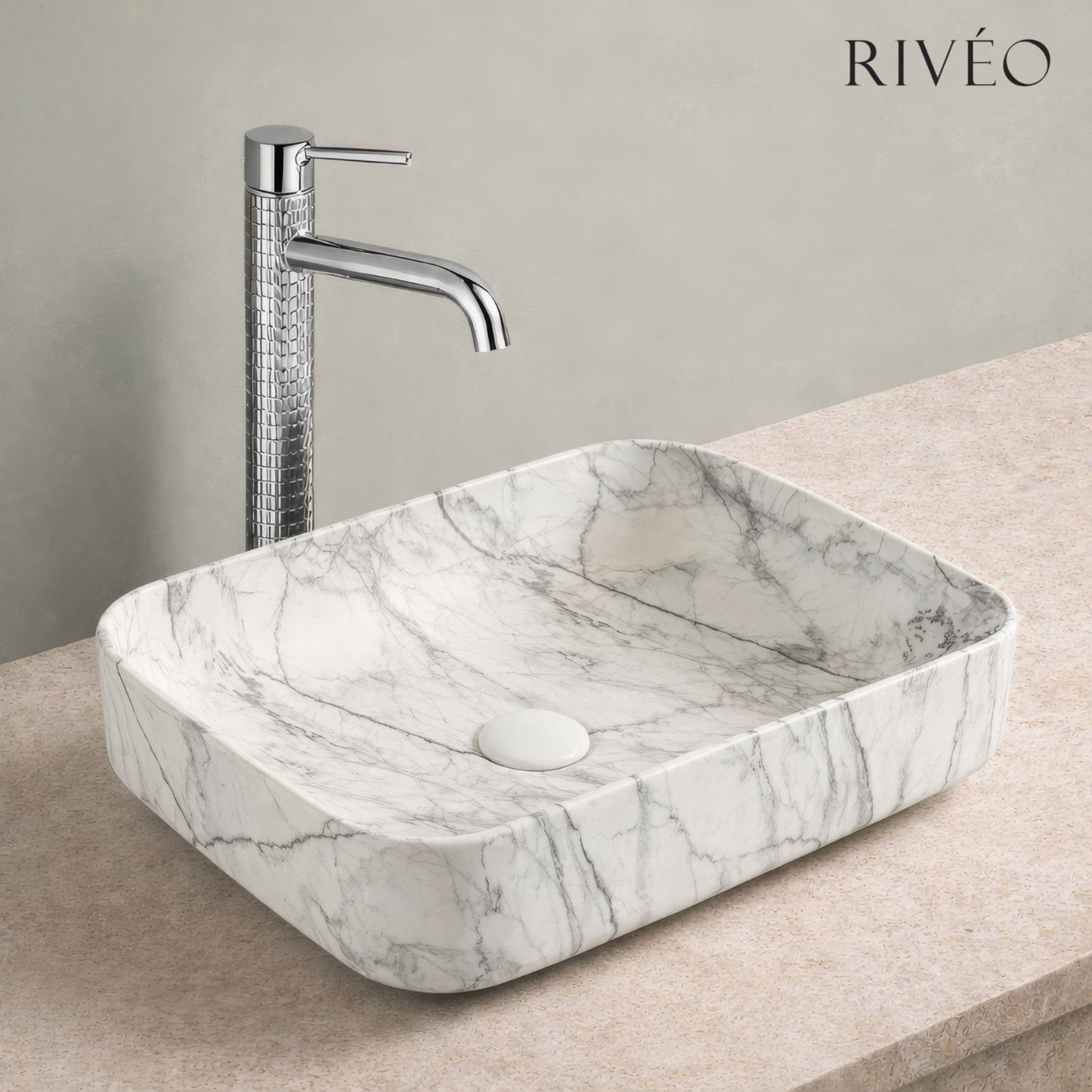 Vasque à Poser Rectangulaire Arrondie Blanc Veiné Gris RIVÉO – 500 × 390 mm – Avec Bonde