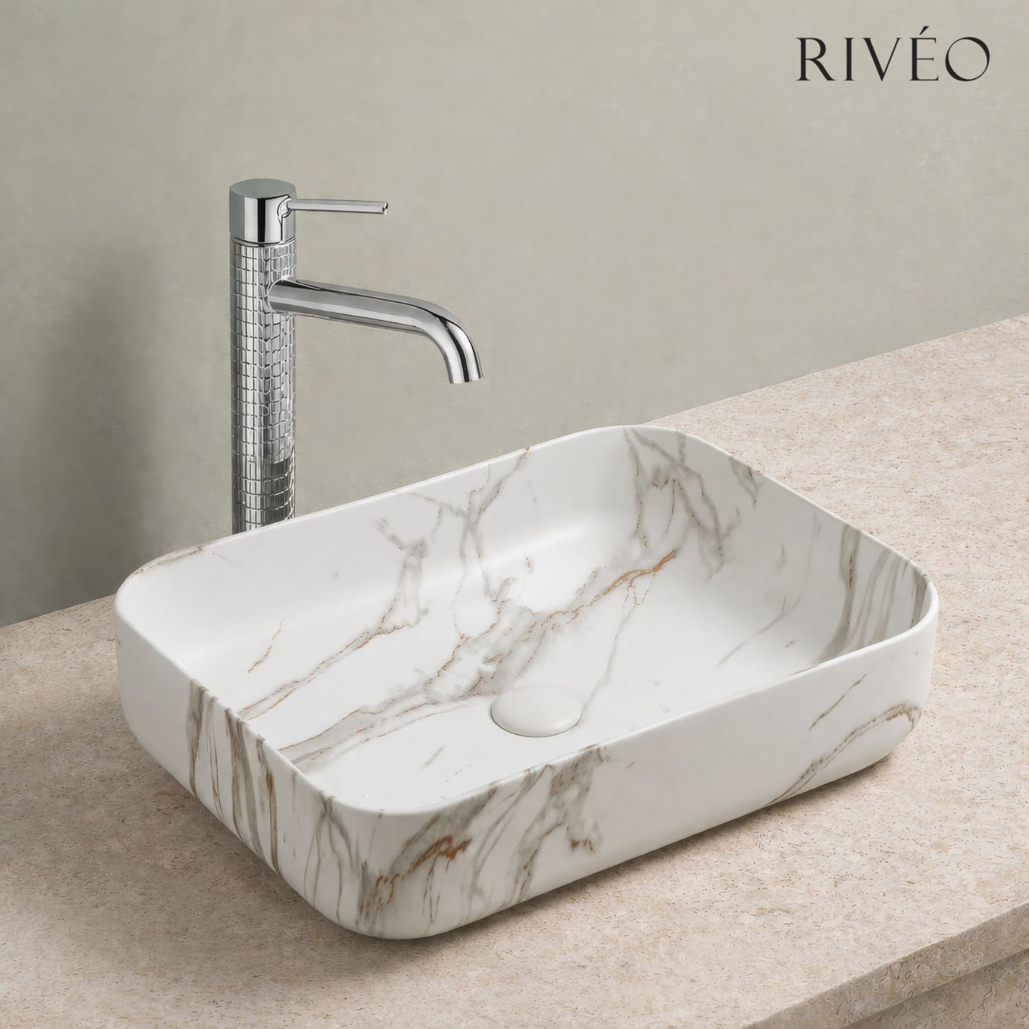 Vasque à Poser Rectangulaire Arrondie Blanc Veiné Or RIVÉO – 500 × 390 mm – Avec Bonde