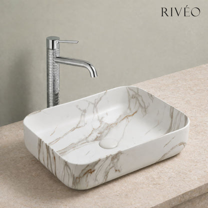 Vasque à Poser Rectangulaire Arrondie Blanc Veiné Or RIVÉO – 500 × 390 mm – Avec Bonde