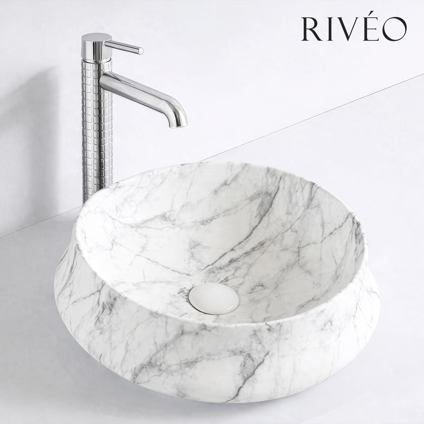 Vasque à Poser Ronde Effet Marbre Blanc RIVÉO – 455 × 455 mm – Avec Bonde