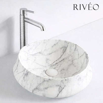Vasque à Poser Ronde Effet Marbre Blanc RIVÉO – 455 × 455 mm – Avec Bonde