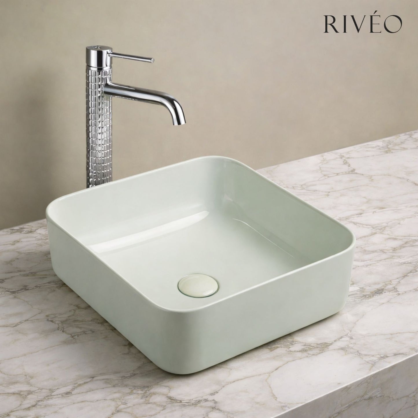 Vasque à Poser Carrée Arrondie Vert Sauge RIVÉO – 365 × 365 mm – Avec Bonde