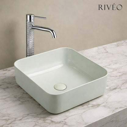 Vasque à Poser Carrée Arrondie Vert Sauge RIVÉO – 365 × 365 mm – Avec Bonde