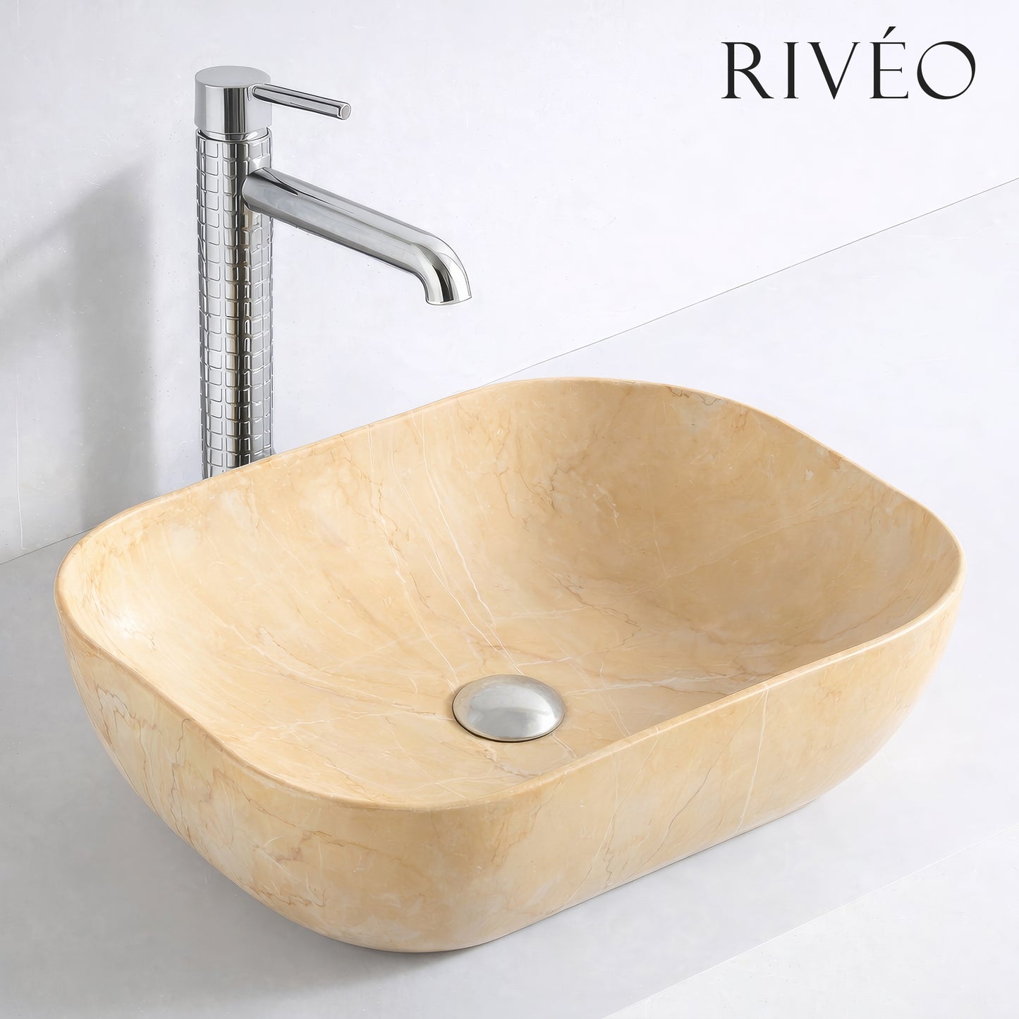 Vasque à Poser Ovale Beige Marbre Nuancé RIVÉO – 590 × 410 mm – Avec Bonde