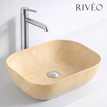 Vasque à Poser Ovale Beige Marbre Nuancé RIVÉO – 590 × 410 mm – Avec Bonde