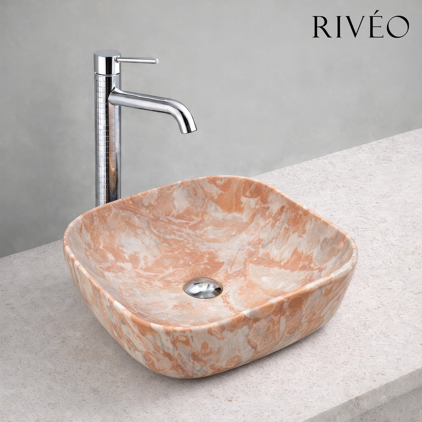 Vasque à Poser Carrée Arrondie Effet Marbre Terracotta RIVÉO – 425 × 425 mm – Avec Bonde