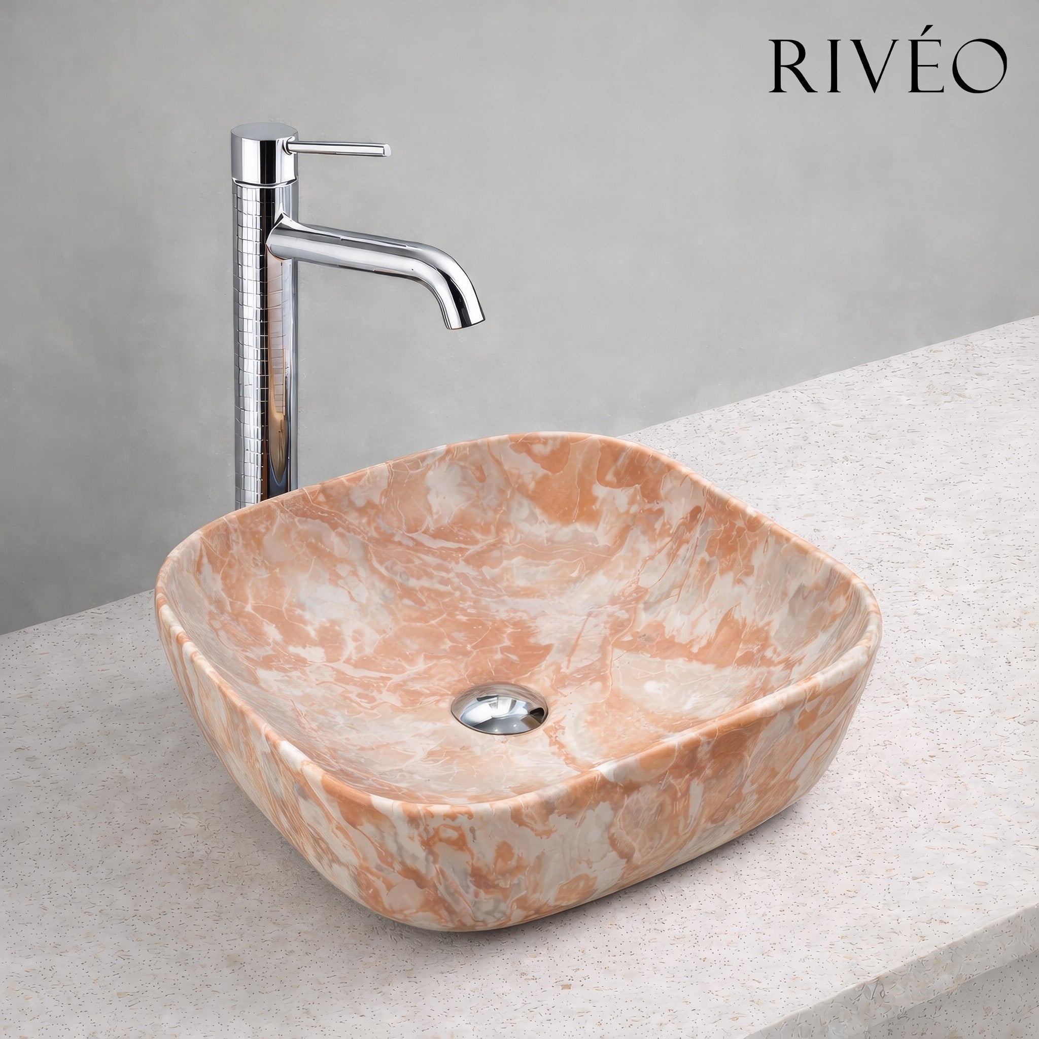 Terracotta Marble Effect Round Edged Square Countertop Basin RIVÉO – 425 × 425 mm – With Drain