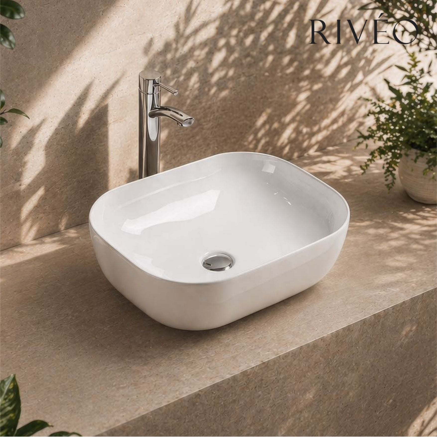 RIVÉO Rounded Square Countertop Basin – 505 × 405 mm – With Waste