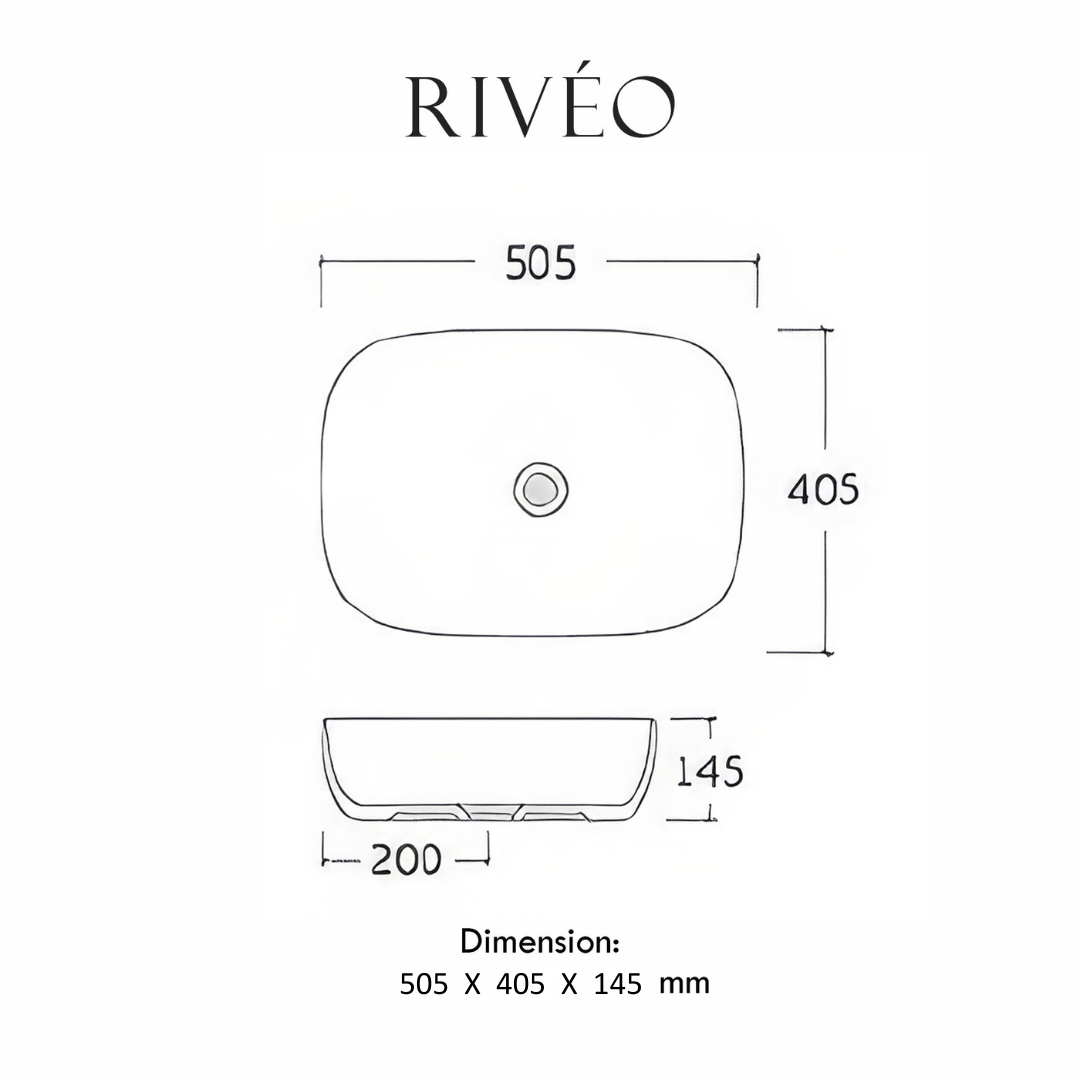 RIVÉO Rounded Square Countertop Basin – 505 × 405 mm – With Waste