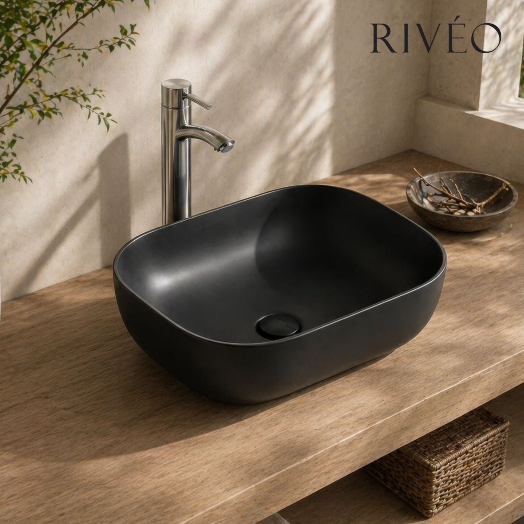 RIVÉO Square Rounded Countertop Basin – 455 × 325 mm – With Waste