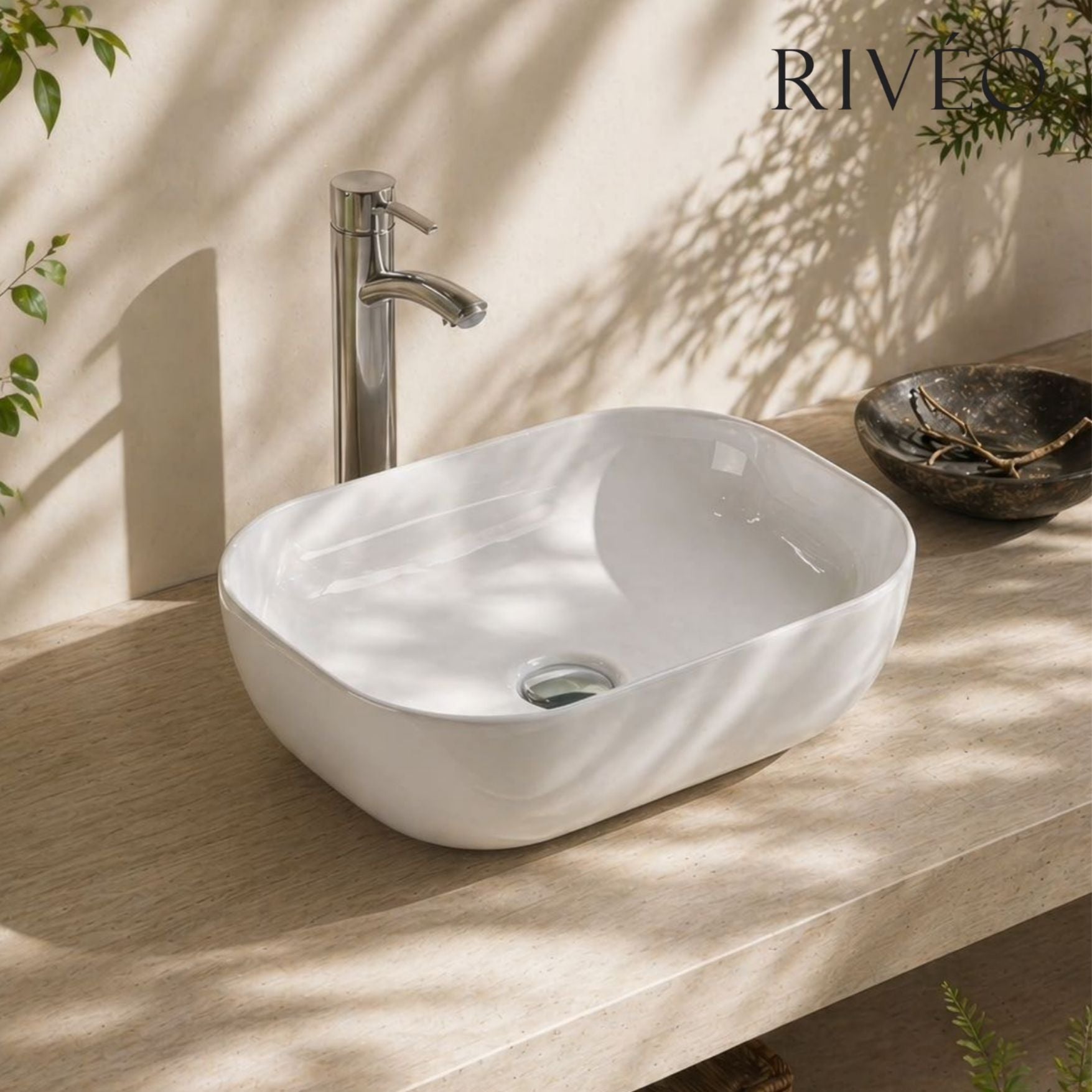 RIVÉO Square Rounded Countertop Basin – 455 × 325 mm – With Waste