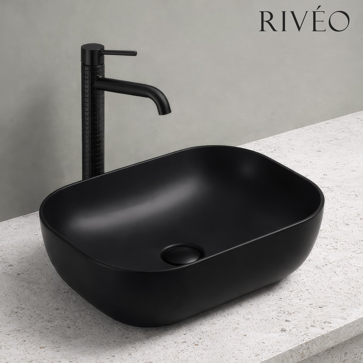 Vasque à Poser Carrée Arrondie RIVÉO – 455 × 325 mm – Avec Bonde