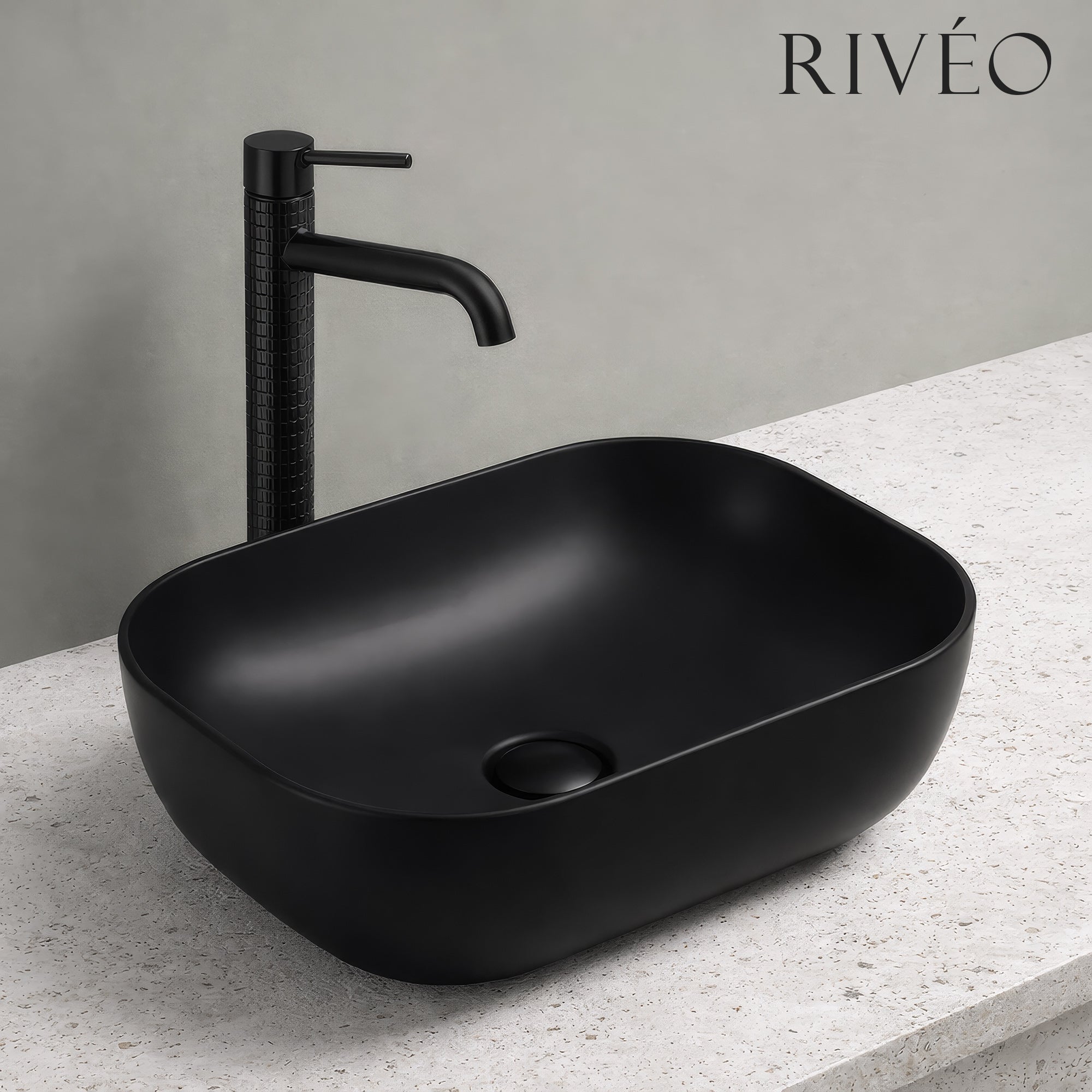 RIVÉO Rectangular Countertop Basin with Rounded Edges – 455 × 325 mm – With Waste