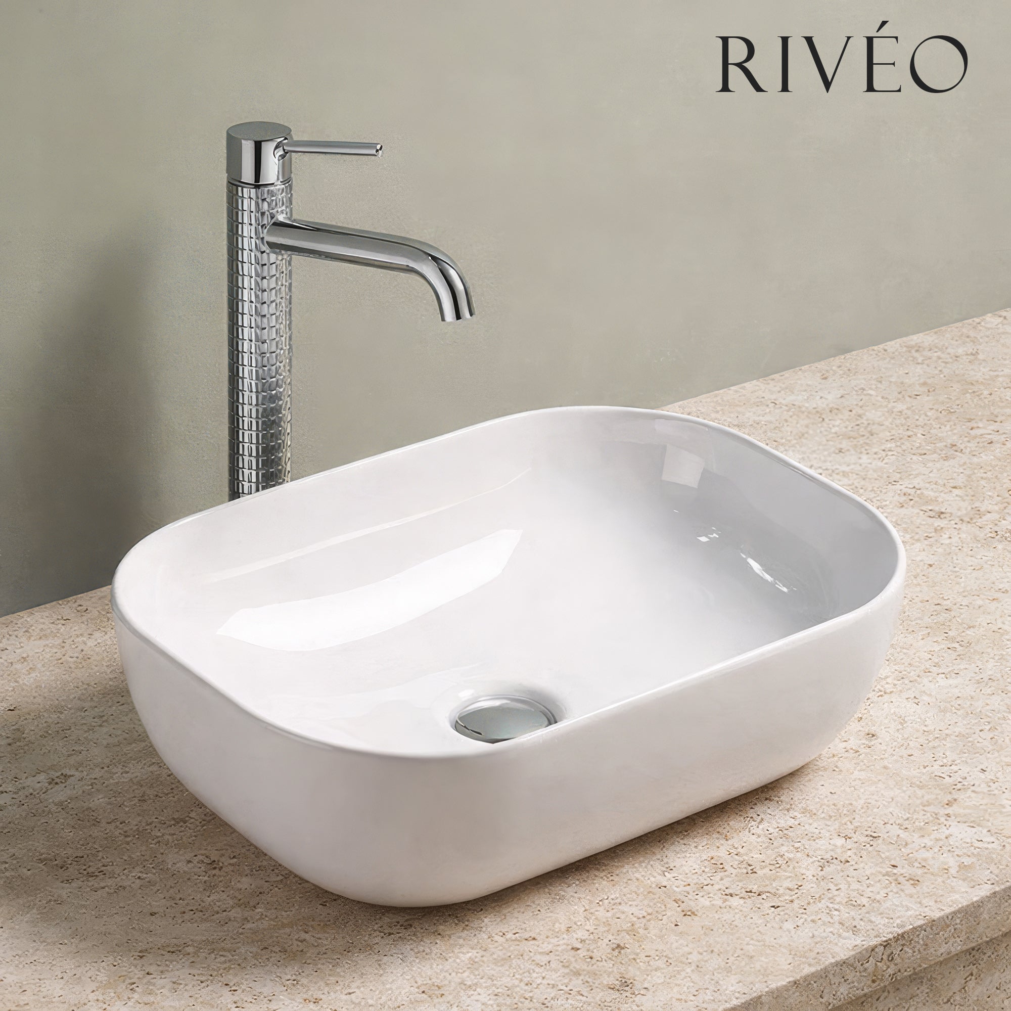 RIVÉO Rectangular Countertop Basin with Rounded Edges – 455 × 325 mm – With Waste