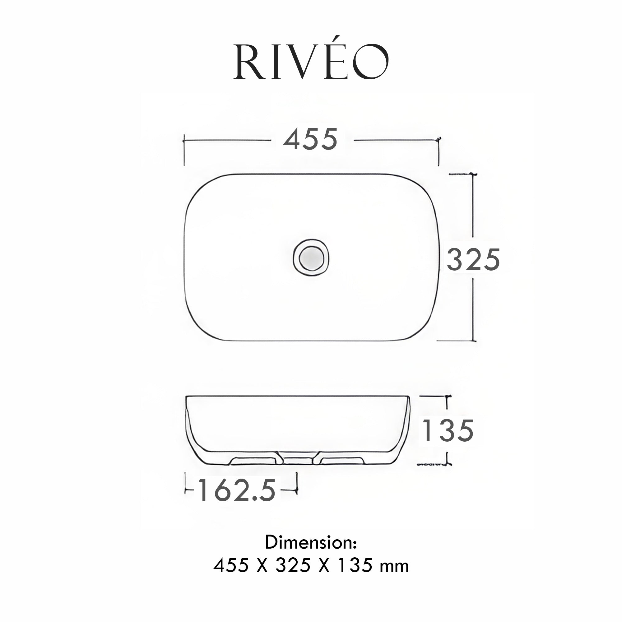 RIVÉO Square Rounded Countertop Basin – 455 × 325 mm – With Waste