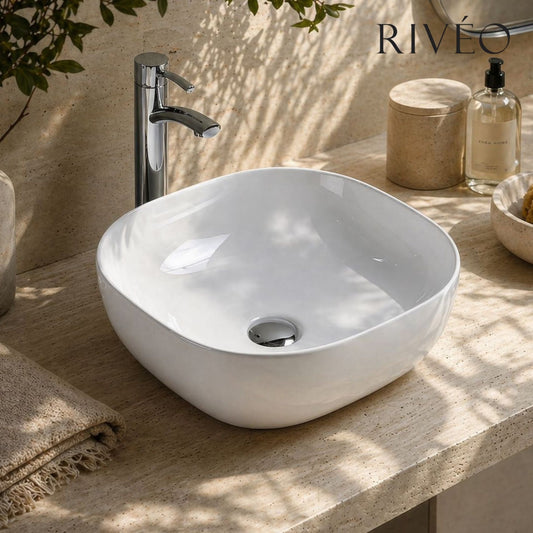 Vasque à Poser Carrée Arrondie RIVÉO – 425 × 425 mm – Avec Bonde