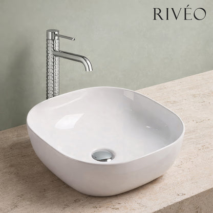 Vasque à Poser Carrée Arrondie RIVÉO – 425 × 425 mm – Avec Bonde