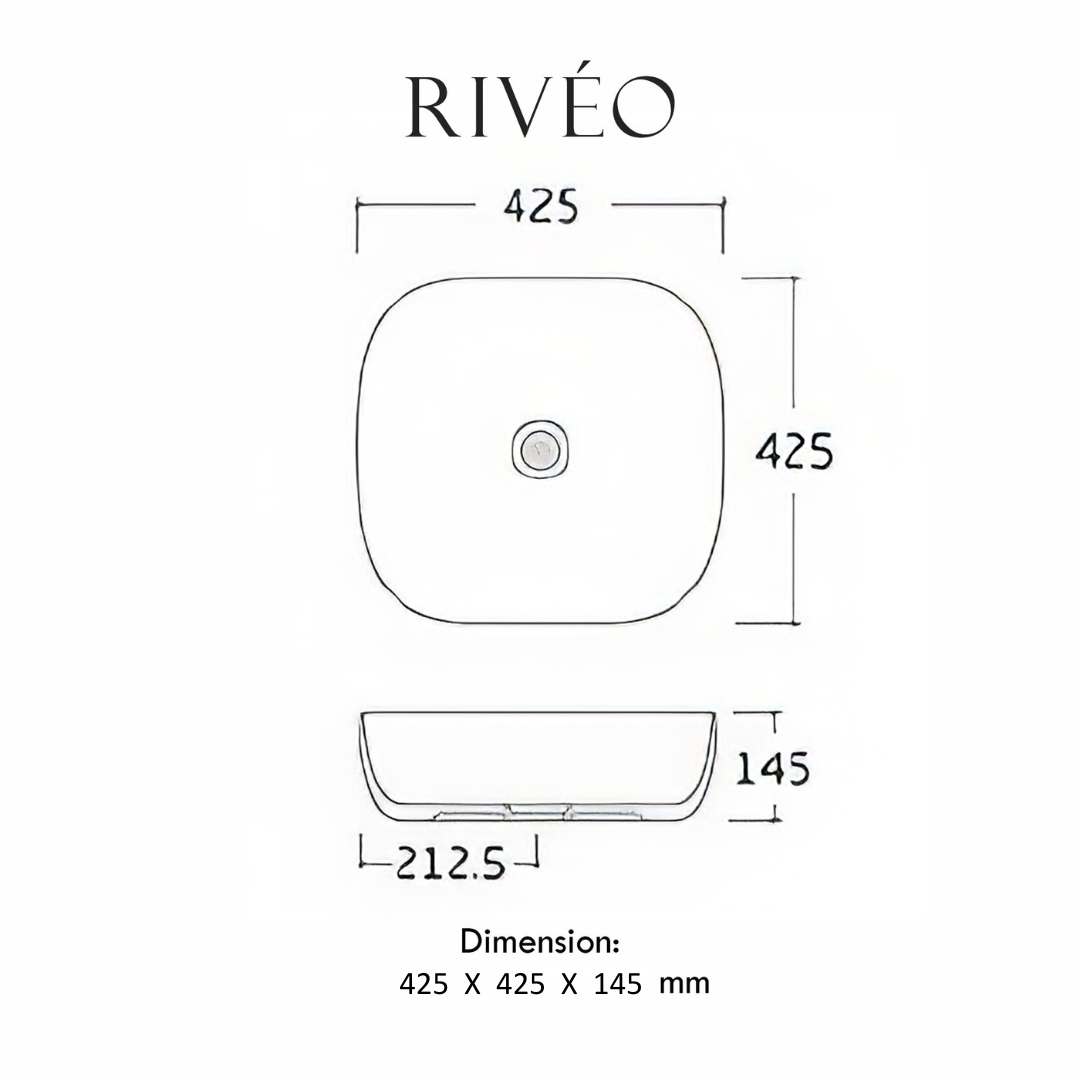 RIVÉO Square Rounded Countertop Basin – 425 × 425 mm – With Waste