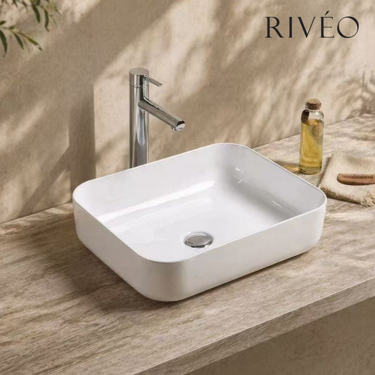 Vasque à Poser Carrée Arrondie RIVÉO – 500 × 400 mm – Avec Bonde