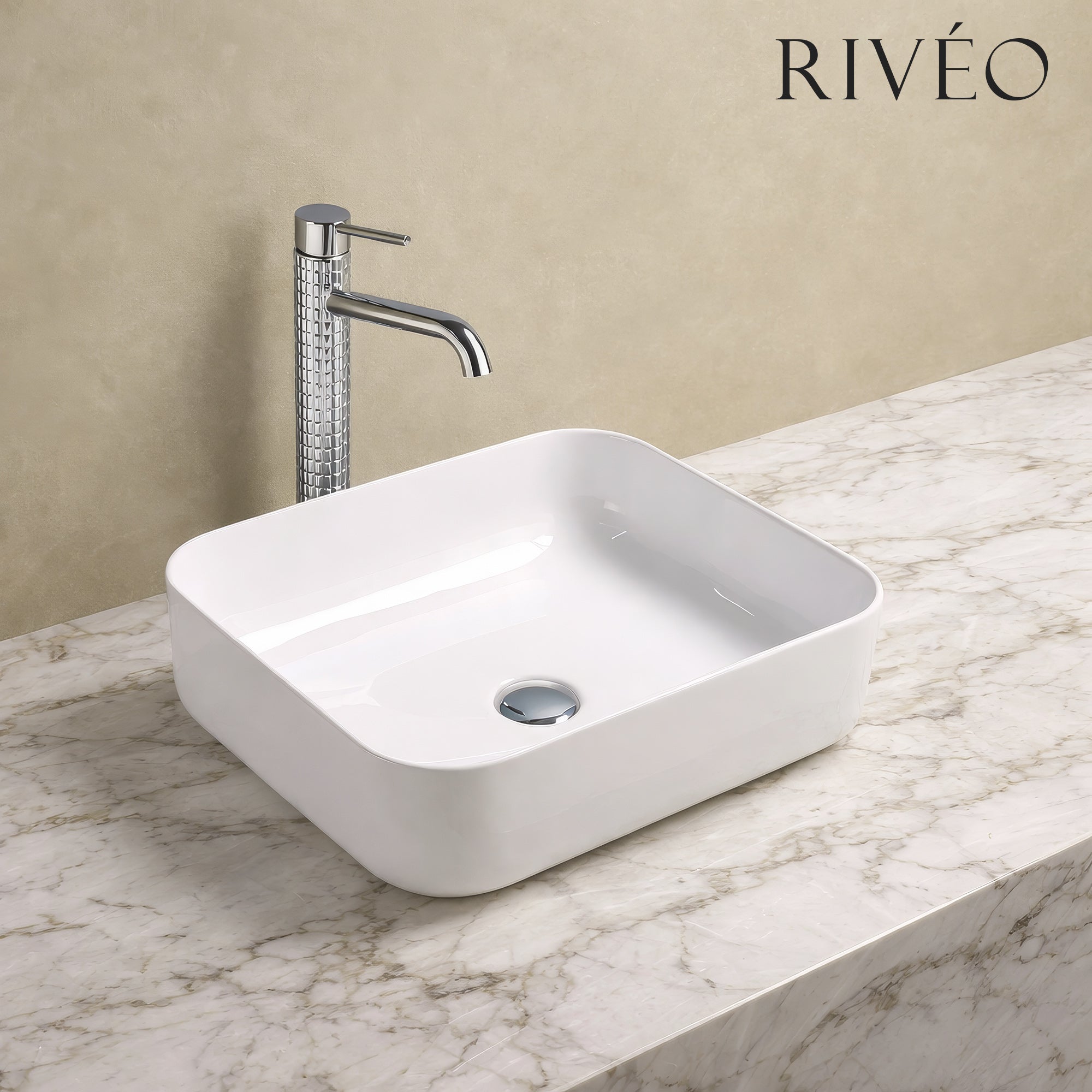 RIVÉO Rectangular Rounded Countertop Basin – 500 × 400 mm – With Waste