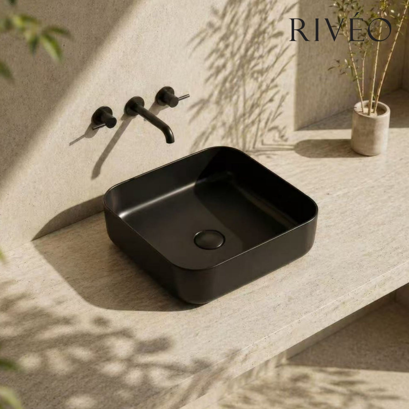 RIVÉO Square Rounded Countertop Basin – 385 × 385 mm – With Waste