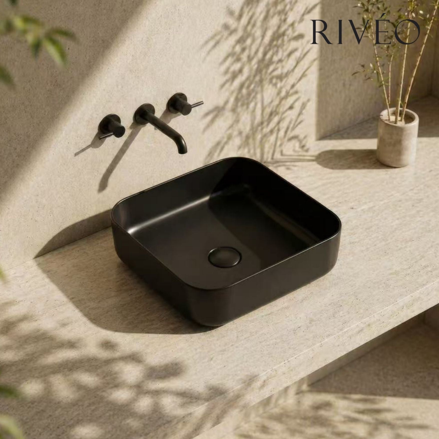 RIVÉO Square Rounded Countertop Basin – 385 × 385 mm – With Waste