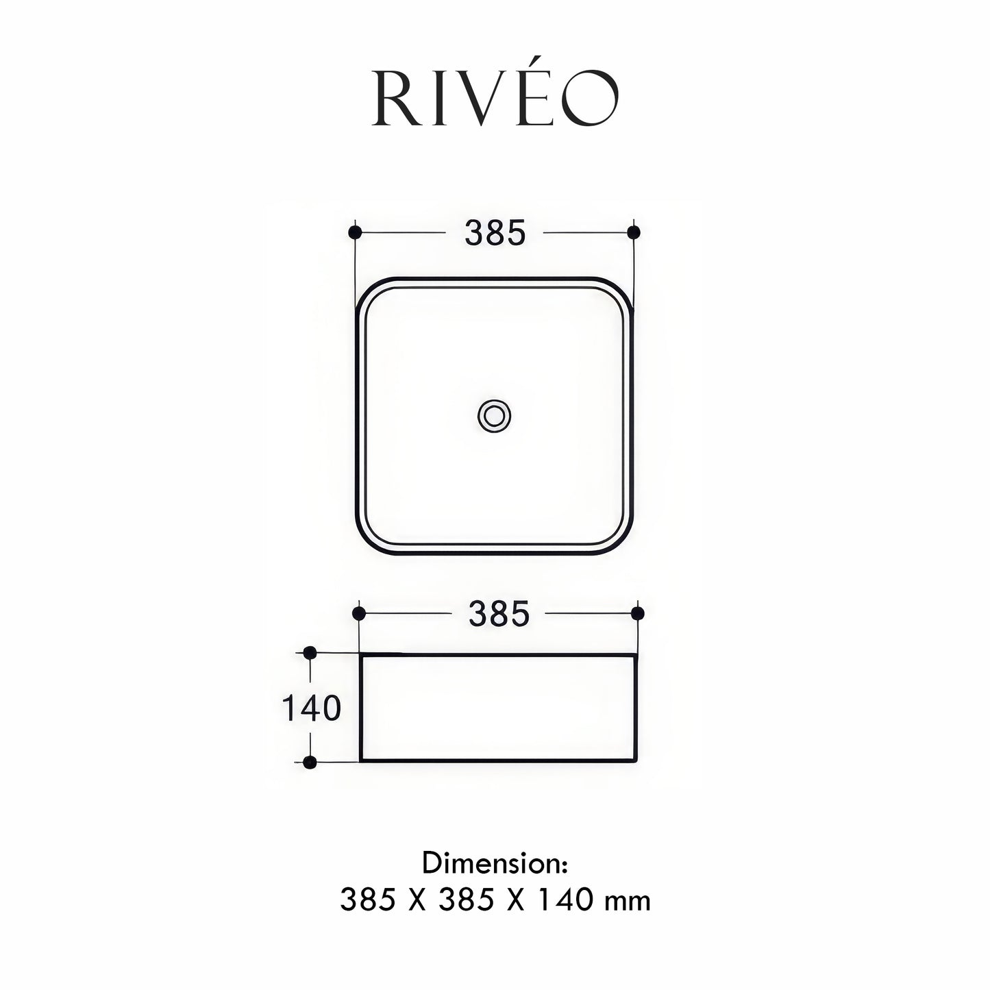 Vasque à Poser Carrée Arrondie RIVÉO – 385 × 385 mm – Avec Bonde