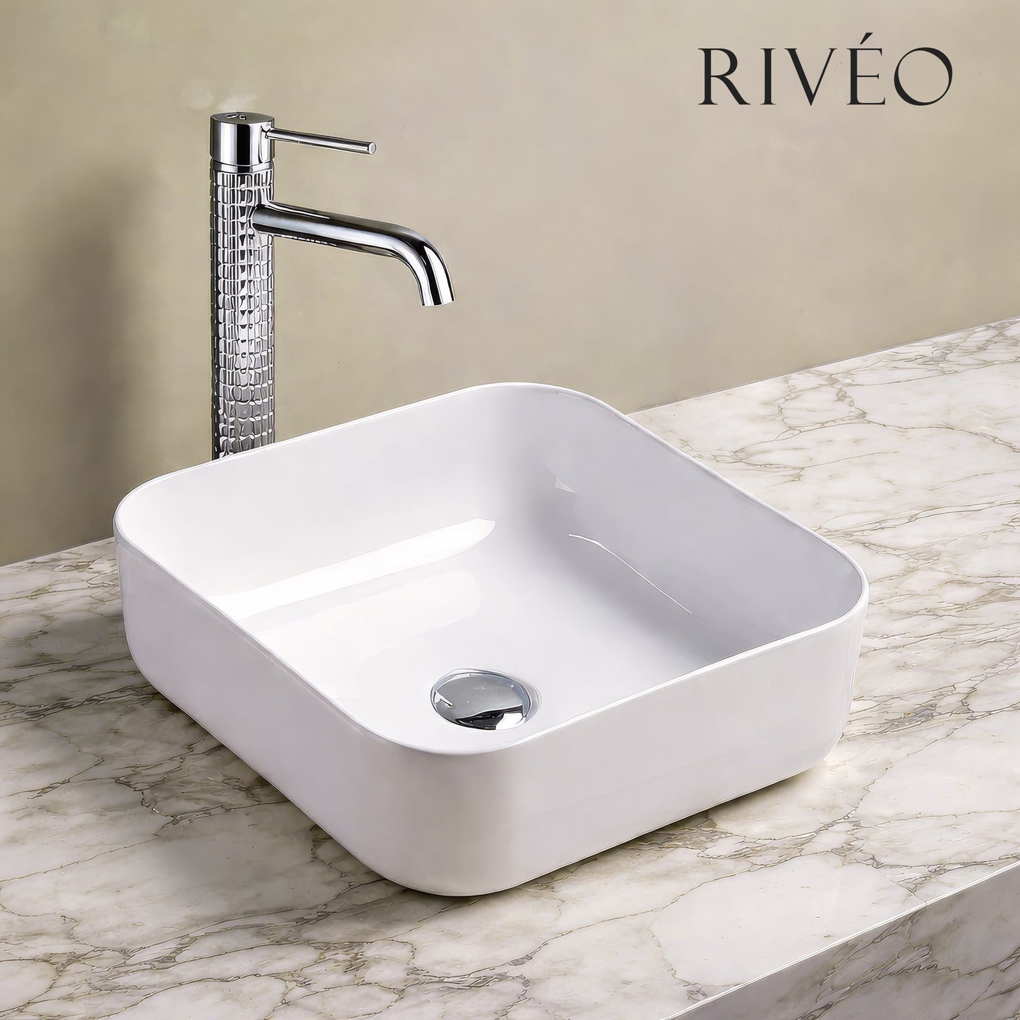 Vasque à Poser Carrée Arrondie RIVÉO – 385 × 385 mm – Avec Bonde